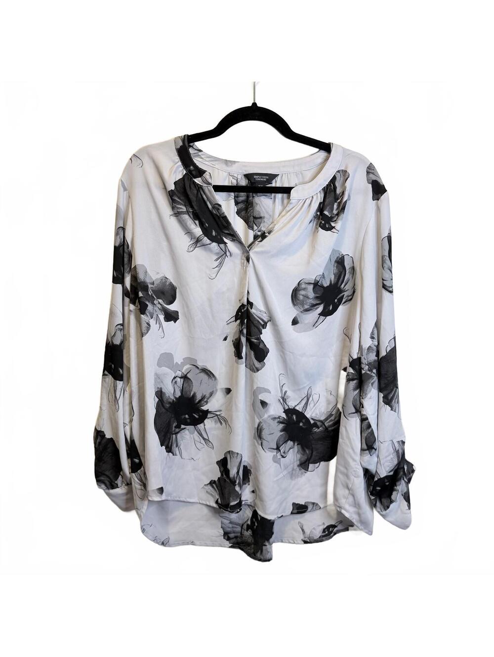 Simply Vera Vera Wang XXL White Black Floral Blouse High Low Long Sleeve